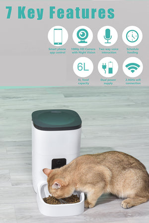 Smart Automatic Pet Feeder with 1080P Camera & App Control - 6L Timed Dispenser for Dogs & Cats, Voice Recorder, Dual Power Supply