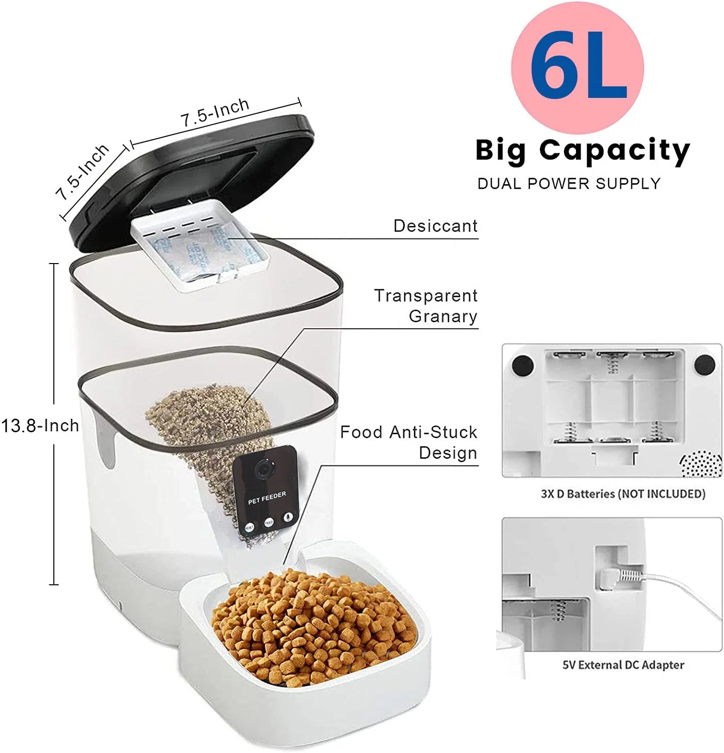 Smart Automatic Pet Feeder with 1080P Camera & App Control - 6L Timed Dispenser for Dogs & Cats, Voice Recorder, Dual Power Supply