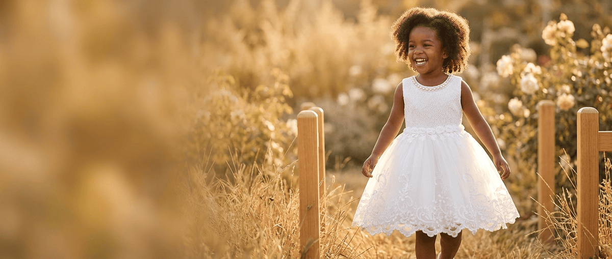 A young girl in a white party dress in a sunlit garden