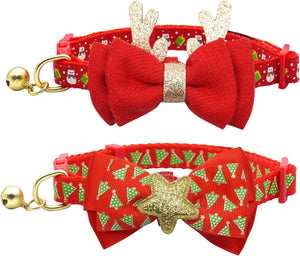 2 Pack Christmas Cat Collar with Bells Christmas Cat Bowtie with Christmas Tree and Santa Claus Pattern Xmas Breakaway Cat Collar Size Adjustable from 8"-12".