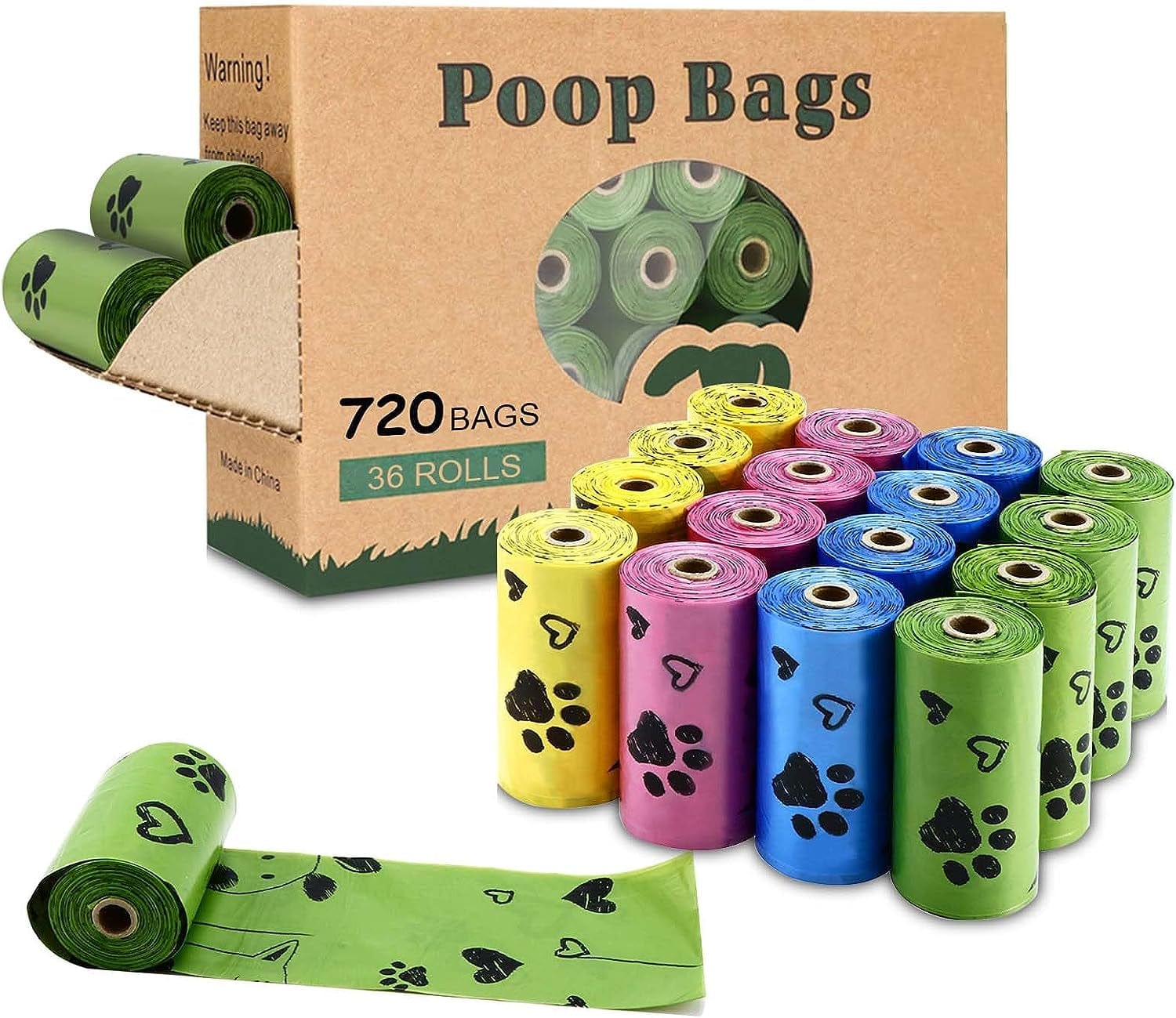 Eco-Friendly Vibrant Dog Poop Bags - 720 Thick, Leak-Proof, Fun Prints with Dispenser & Scented in 4 Colors!.