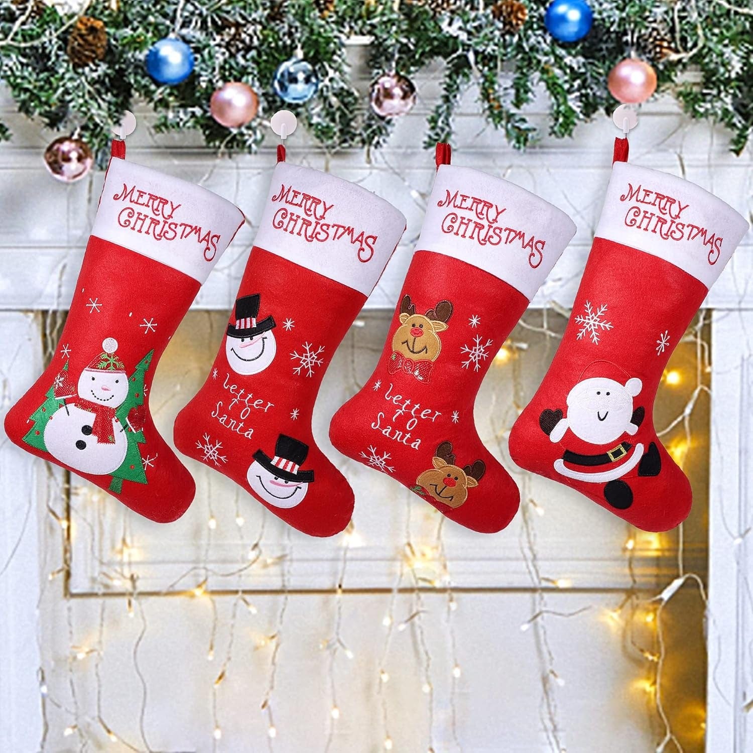 4 Pack Christmas Stockings, Large Xmas Fireplace Hanging Stockings with Santa Snowman Reindeer, for Kids Gift Family Holiday Christmas Party Decorations Tree Decoration.