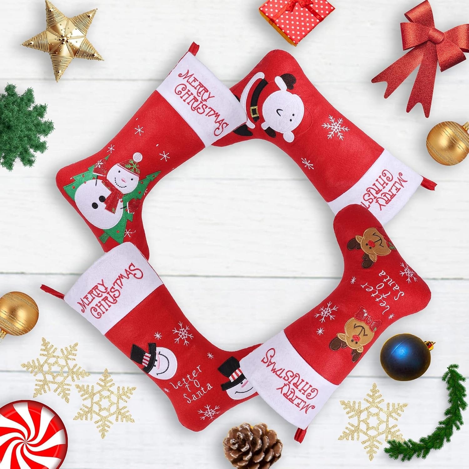 4 Pack Christmas Stockings, Large Xmas Fireplace Hanging Stockings with Santa Snowman Reindeer, for Kids Gift Family Holiday Christmas Party Decorations Tree Decoration.