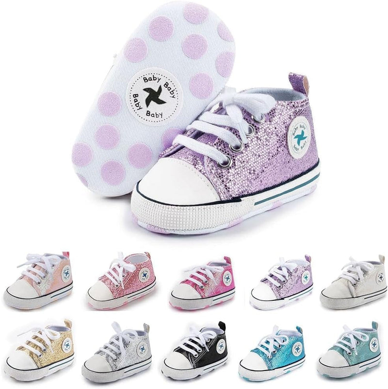 Mindful Yard Baby Shoes B01-Sequins Violet / 6-12 Months Infant Baby Girls Boys Shoes Soft Anti-Slip Sole Newborn First Walkers High Top Canvas Denim Unisex Infant Sneaker