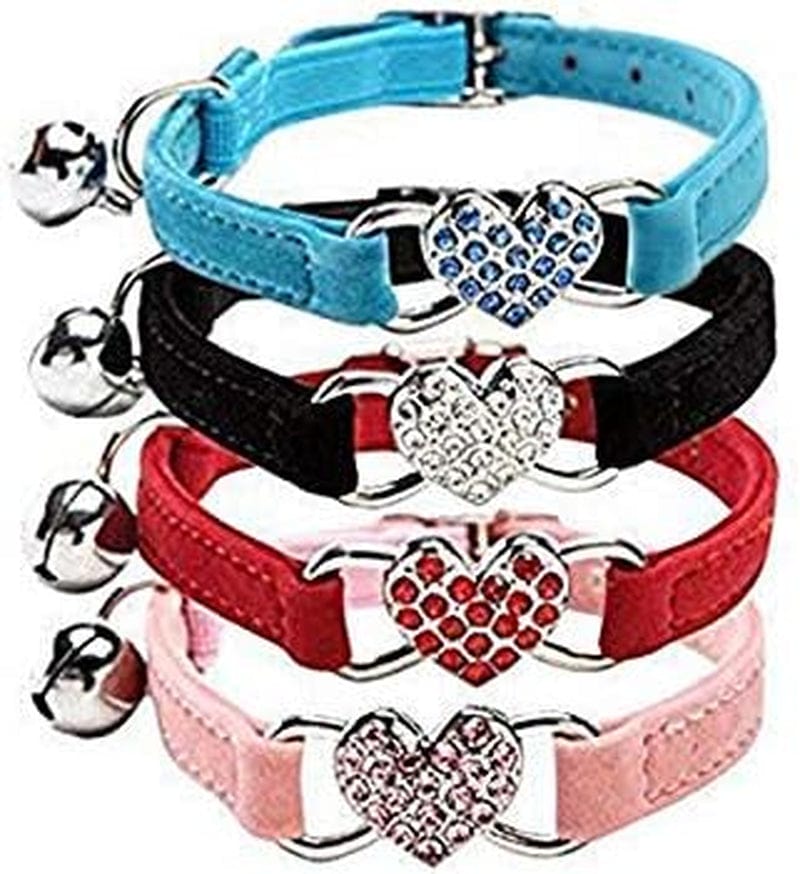 Mindful Yard Pet Collar Black+Red+Pink+Blue Pink Soft Velvet Safe Cat Adjustable Collar with Crystal Heart Charm