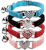 Pink Soft Velvet Safe Cat Adjustable Collar with Crystal Heart Charm and Bells 8-11 Inches(Black+Red+Pink+Blue).