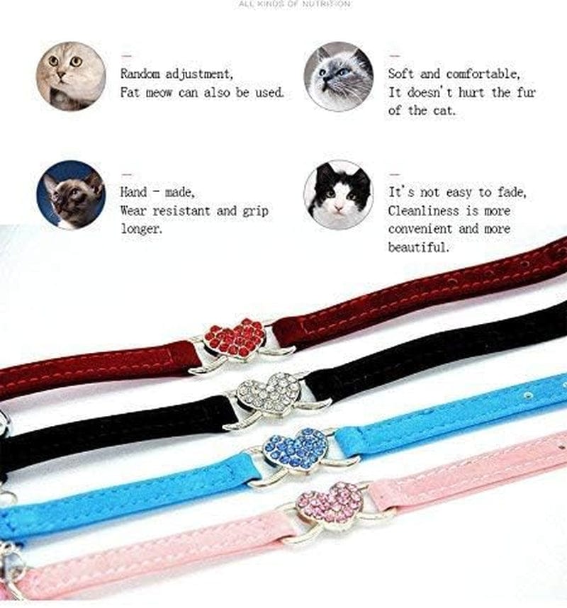 Pink Soft Velvet Safe Cat Adjustable Collar with Crystal Heart Charm and Bells 8-11 Inches(Black+Red+Pink+Blue).