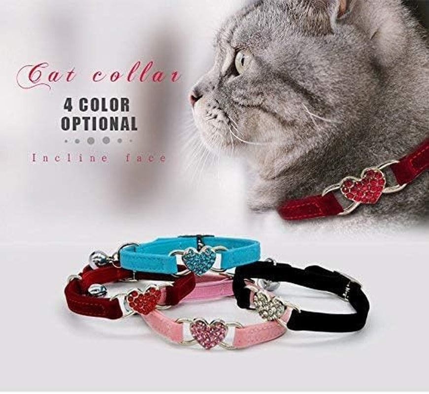 Pink Soft Velvet Safe Cat Adjustable Collar with Crystal Heart Charm and Bells 8-11 Inches(Black+Red+Pink+Blue).