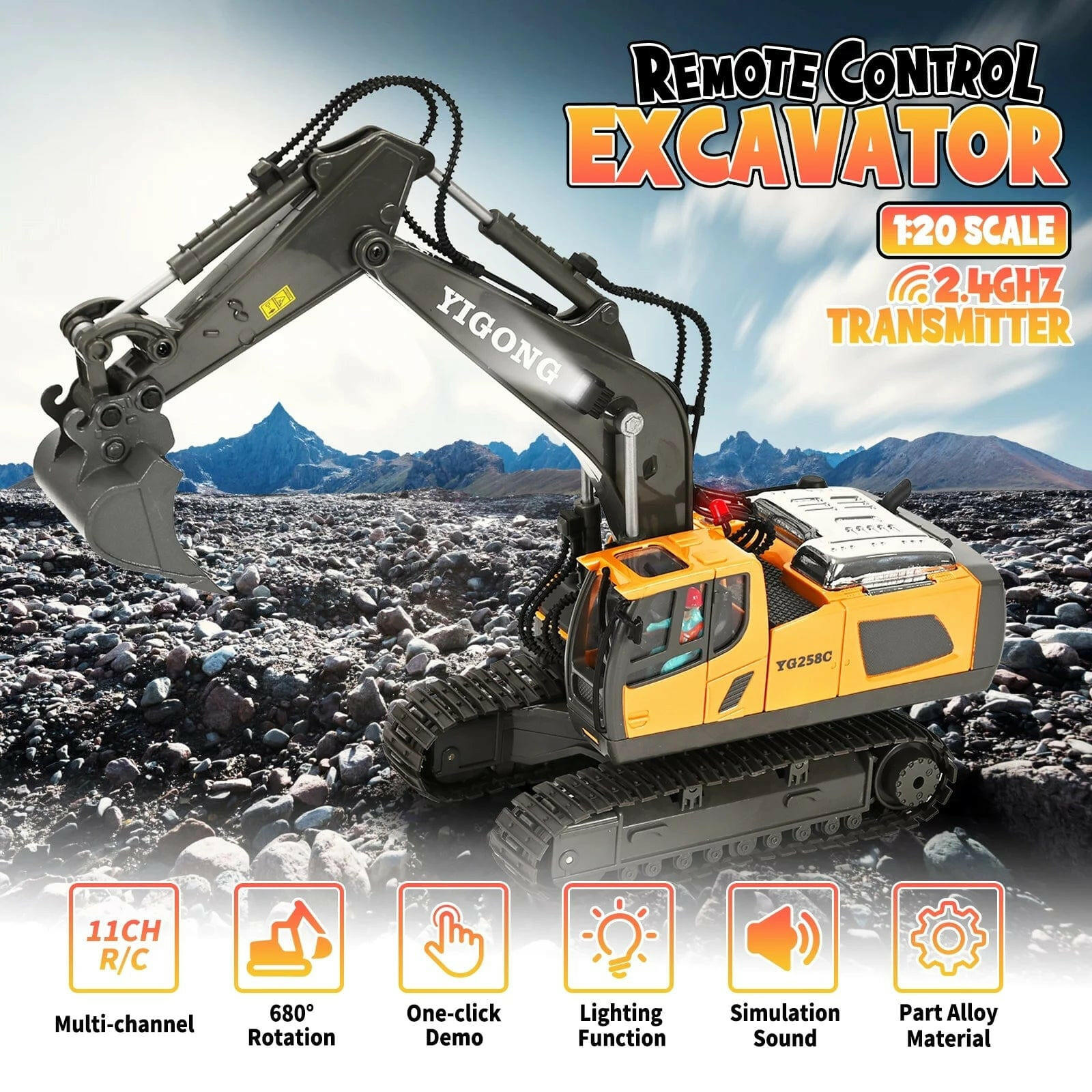 Ultimate Remote Control Excavator - 11 Channel Rechargeable RC Construction Toy with Lights & Sounds - Perfect Gift for Kids Ages 3-12!.