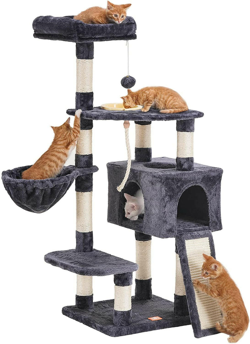 Mindful Yard Cat Scratching Board Smoky Gray / 50 Inch Multi-Level Cat Tower with Feeding Bowl