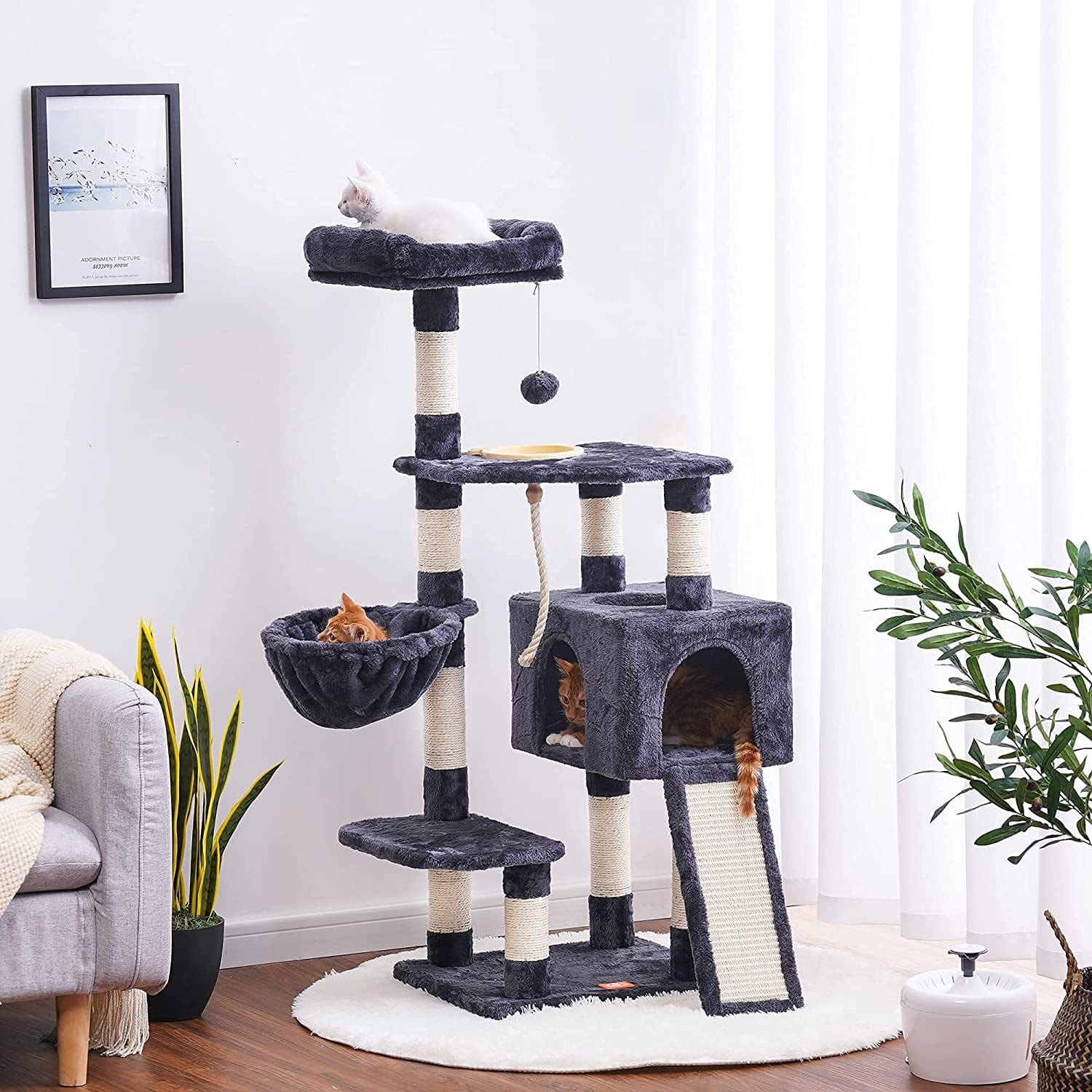 Multi-Level Cat Furniture with Feeding Bowl Smoky Gray.