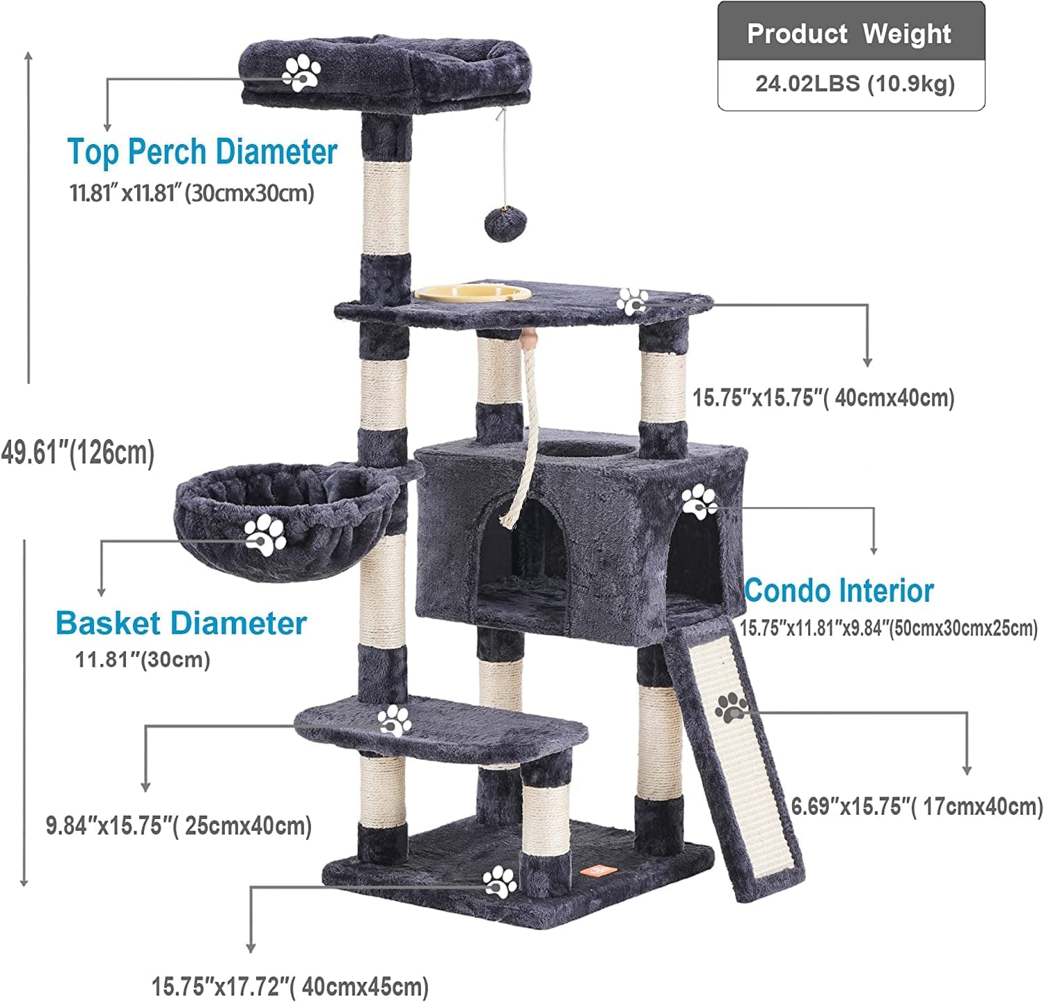 Multi-Level Cat Furniture with Feeding Bowl Smoky Gray.