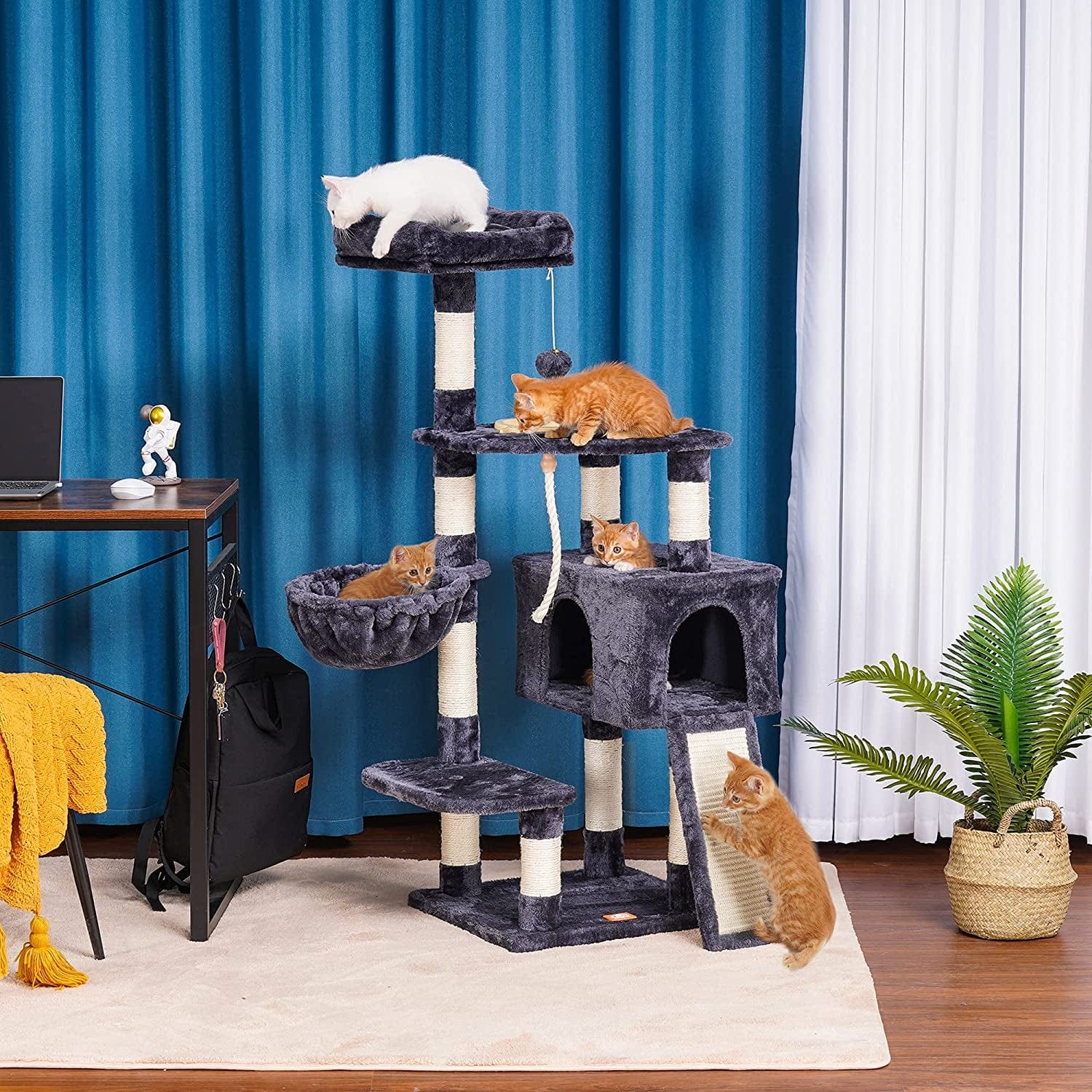 Multi-Level Cat Furniture with Feeding Bowl Smoky Gray.