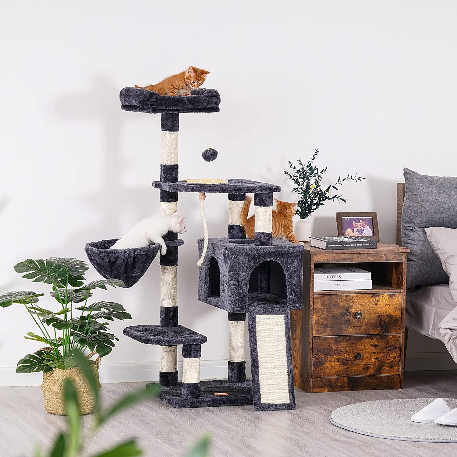 Multi-Level Cat Furniture with Feeding Bowl Smoky Gray.