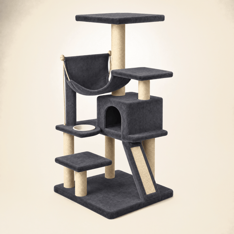 Mindful Yard Cat Scratching Board Smoky Gray / 50 Inch Multi-Level Cat Tower with Feeding Bowl