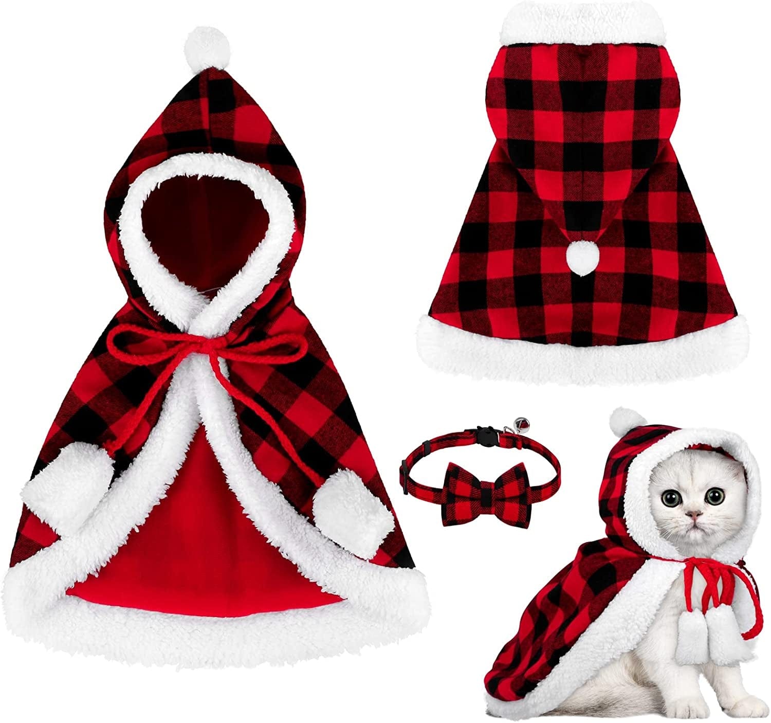 Christmas Cat Dog Costume Red Black Buffalo Plaid Pet Santa Cape with Xmas Hat Cat Collars with Bell and Bowtie Cat Cloak Pet Costume for Party Cosplay Christmas Pet Dress up (Medium).