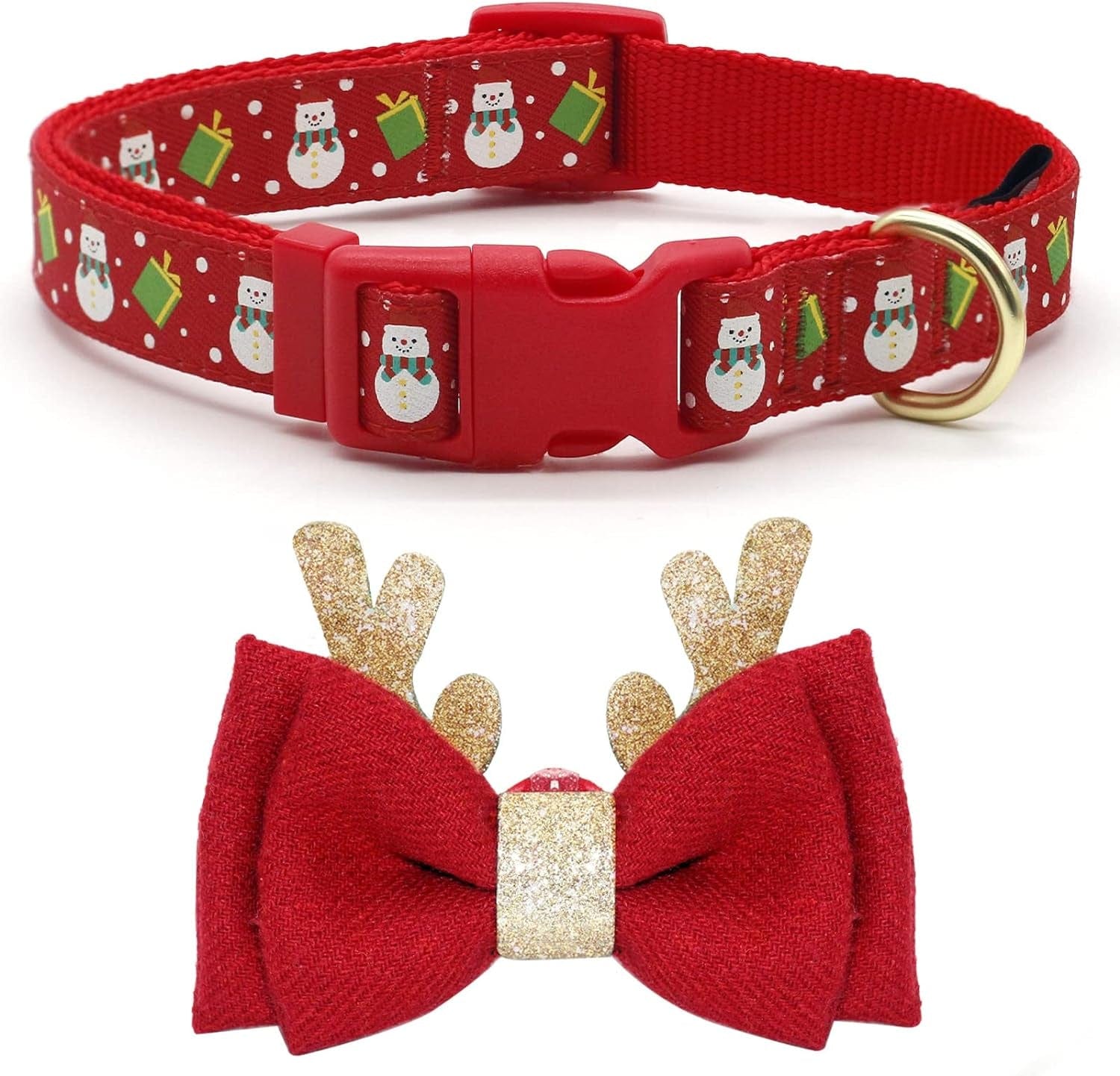 Holiday Dog Collar Adjustable Xmas Dog Collar with Holiday Antler Bow Tie Accessories Snowman Dog Collar for Medium Dogs.