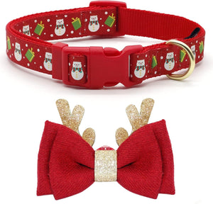 Holiday Dog Collar Adjustable Xmas Dog Collar with Holiday Antler Bow Tie Accessories Snowman Dog Collar for Medium Dogs.