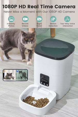 Smart Automatic Pet Feeder with 1080P Camera & App Control - 6L Timed Dispenser for Dogs & Cats, Voice Recorder, Dual Power Supply.