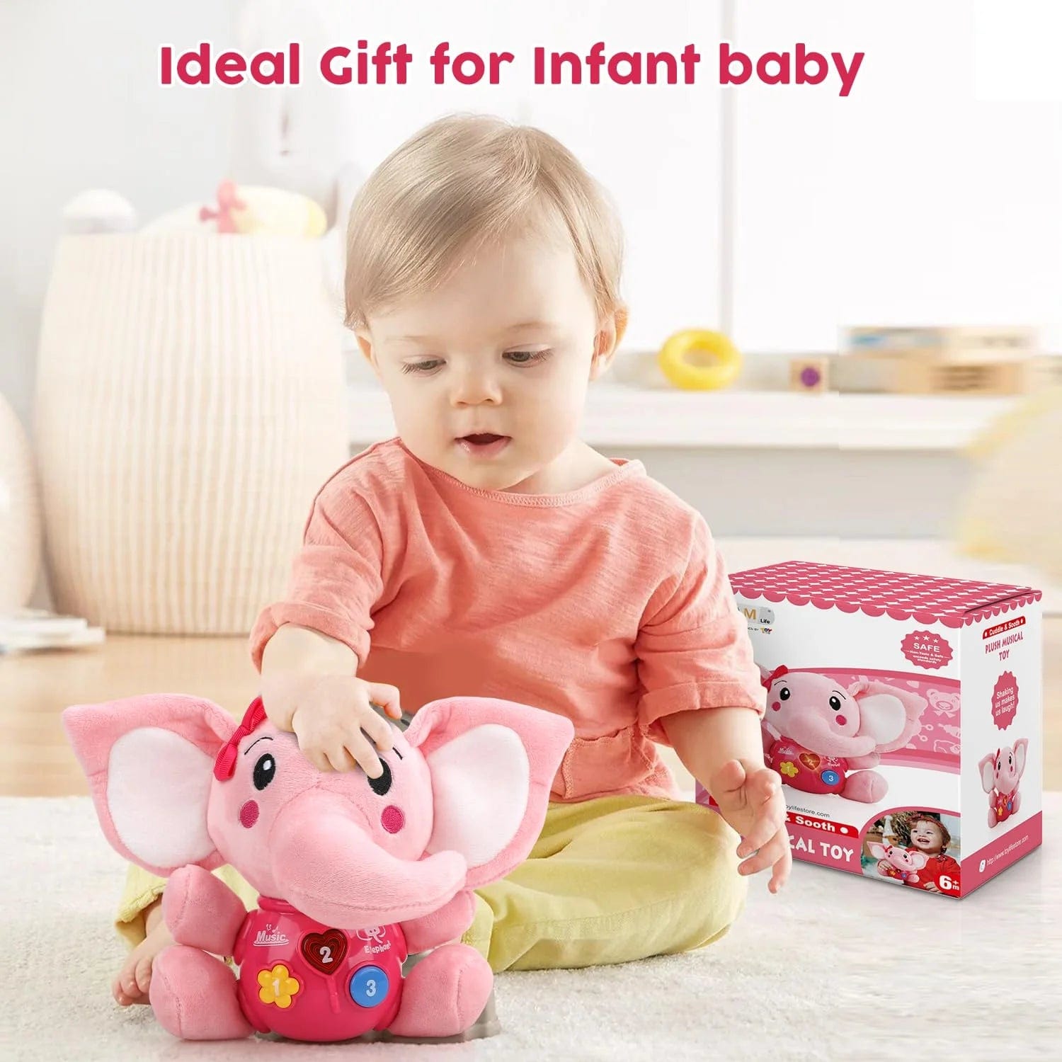 Musical Plush Elephant Baby Toy - Light Up & Soothe Infant Toys for Newborns 0-12 Months - Perfect Pink Gift for Boys & Girls!.