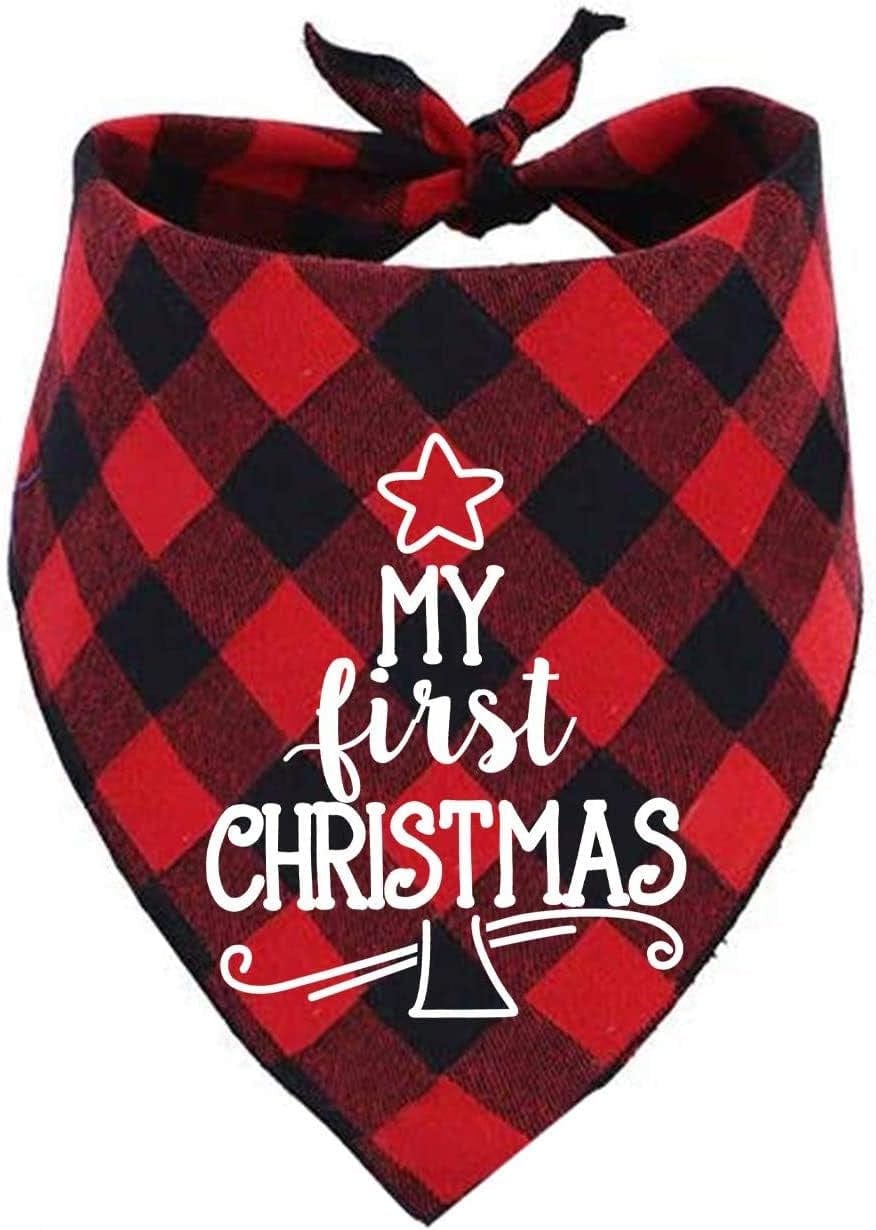 Red Plaid Dog Bandana for First Christmas Celebration.
