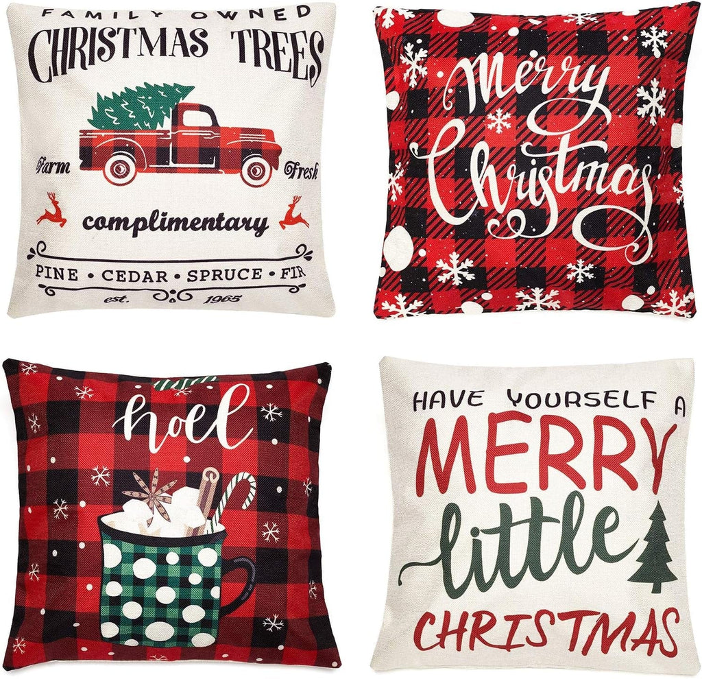 Winter Holiday Throw Pillow Covers 18X18 Inch Set of 4 Farmhouse Winter Holiday Tree Red Buffalo Plaid Check Pillow Covers Winter Holiday Decorative Pillowcase Cotton Linen Farmhouse Cushion Case for Sofa Couch.