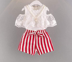 Mindful Yard Baby Girl Clothing Sets 3T / Red / White Toddler Girl's Stripes Bow Shorts Clothing Set