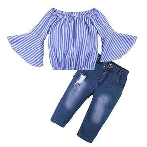 Girls Fashionable Stripe Strapless Clothing Set - Mindful Yard