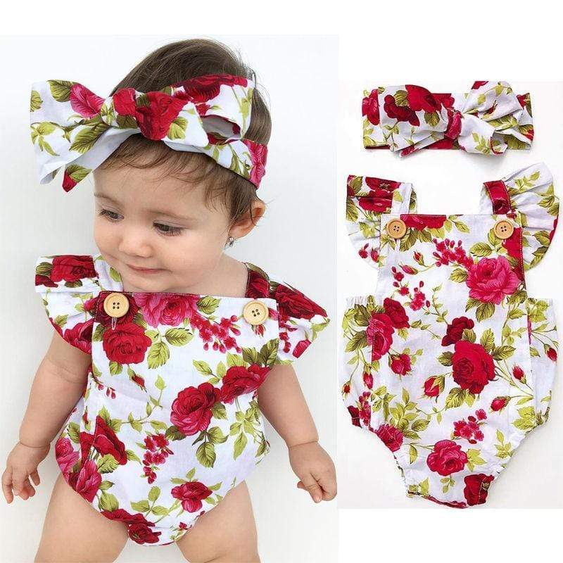 Mindful Yard Cute Baby Girls Floral Romper With Headband Set - Special Deal