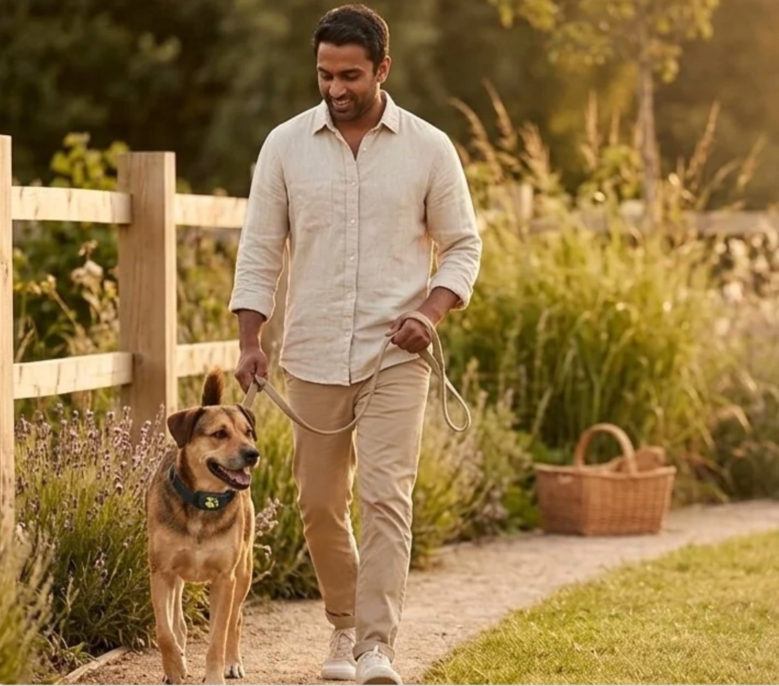 Golden-hour walk with a dog wearing the GPS tracker