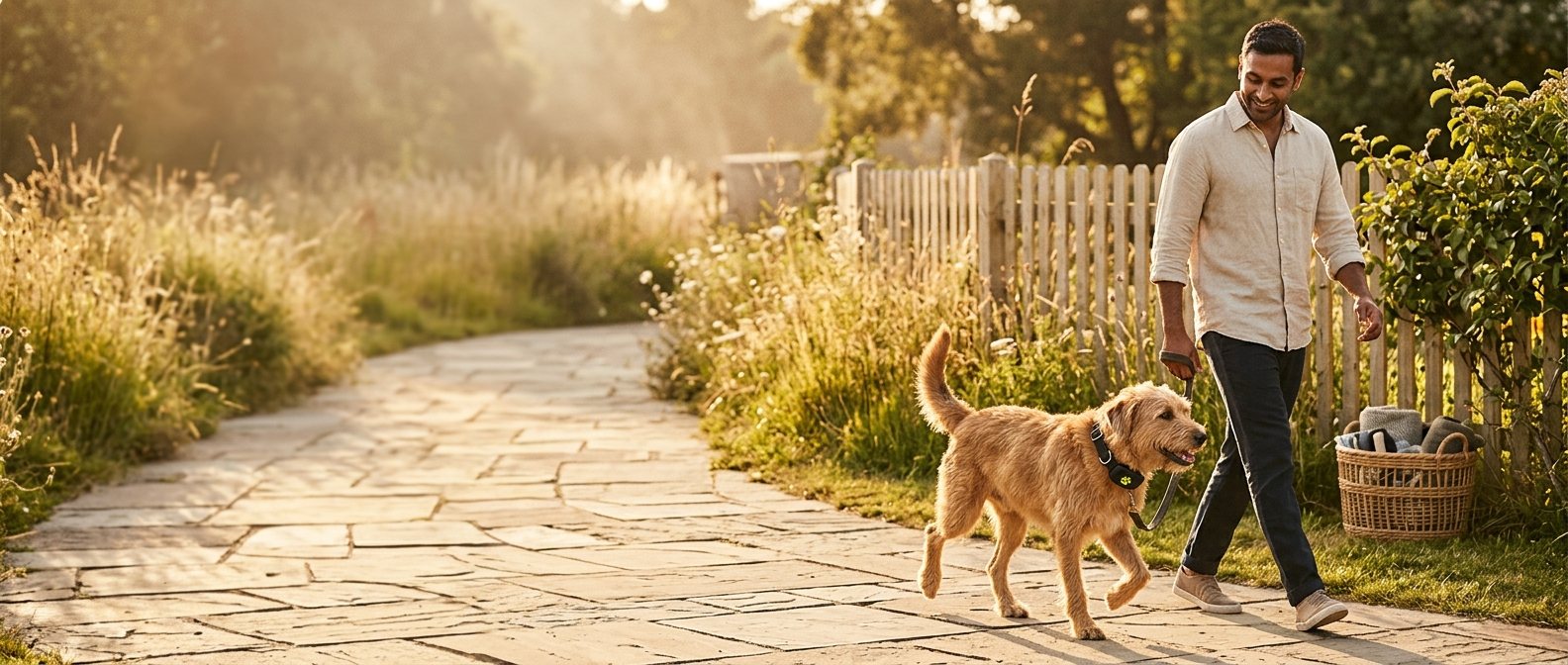 A man walking a golden retriever along a sunlit garden path